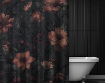 Moody Mauve Floral Shower Curtain, Pink Shower Curtain, Dark Shower Curtain, Spring Bathroom Decor, Black Bathroom Decorations