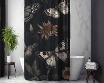 Whimsical Moody Butterfly Shower Curtain, Cottagecore Butterfly Shower Curtain, Floral Shower Curtain, Dark Butterfly Print, Boho Bathroom