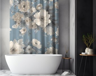 Moody Blue Floral Spring Shower Curtain, Light Blue Cottagecore Bathroom Decor, Cute Shower Curtain, Dark Classy Shower Curtain