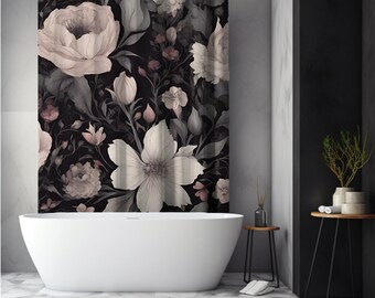 Dunkler Frühlings-Blumen-Duschvorhang, schwarzer Cottagcore-Wildblumen-Duschvorhang, von der Natur inspiriertes Badezimmerdekor, botanisch