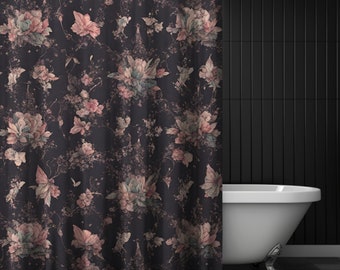 Cortina de ducha rosa estilo Fairycore, cortina de ducha floral oscura, decoración de baño estilo Cottagecore con hadas, linda cortina de ducha para niñas, diseño místico infantil