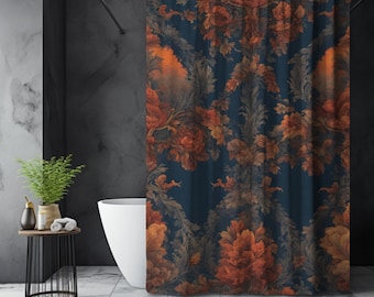 Blue Moody Floral Shower Curtain: Victorian Dark Boho Polyester