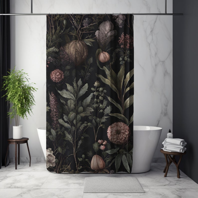 May include: A black shower curtain with a floral pattern featuring pink, green, and white flowers and leaves. The shower curtain is hanging in a bathroom with a white bathtub and a wooden stool.
