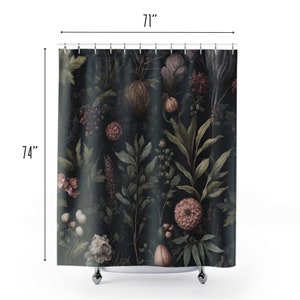 May include: A dark green shower curtain with a floral pattern featuring pink, white, and green flowers. The curtain is 71 inches wide and 74 inches long.