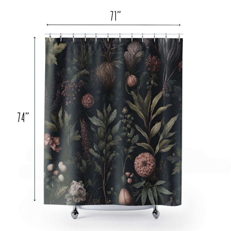 May include: A dark green shower curtain with a floral pattern featuring pink, white, and green flowers. The curtain is 71 inches wide and 74 inches long.