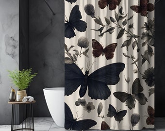 Whimsical Moody Butterfly Shower Curtain, Cottagecore Butterfly Shower Curtain, Floral Shower Curtain, White Butterfly Print, Boho Bathroom