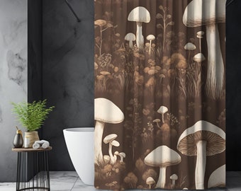 Moody Mushroom Shower Curtain, Mushroom Shower Curtain, Brown Mushroom and Foliage Print, Fabric, Boho Design, Cottagecore, Floral Bathroom