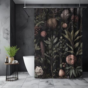 May include: A black shower curtain with a floral pattern featuring pink, white, and green flowers and leaves. The background is a dark, almost black, color.