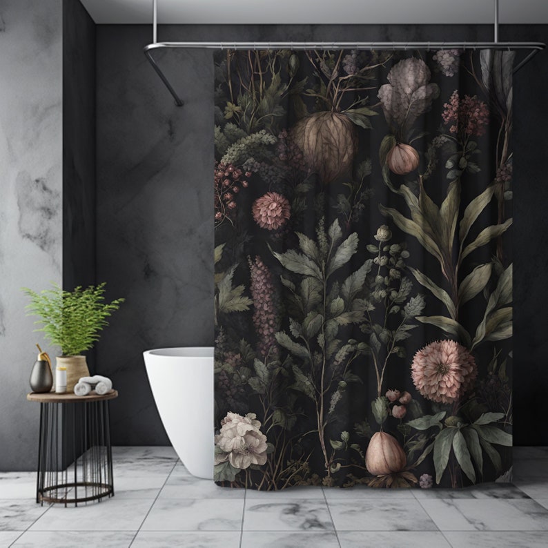 May include: A black shower curtain with a floral pattern featuring pink, white, and green flowers and leaves. The background is a dark, almost black, color.