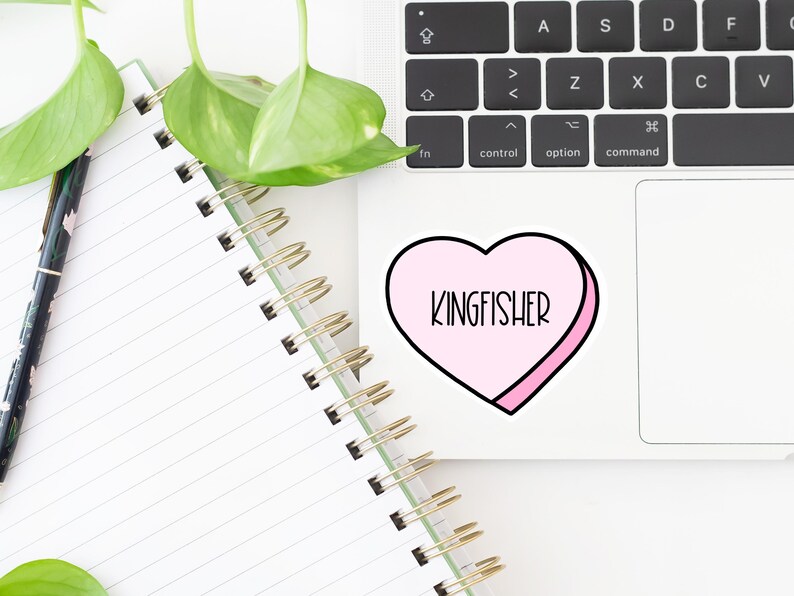 K&ouml;nnte beinhalten: Ein rosa herzf&ouml;rmiger Aufkleber mit wei&szlig;em Rand und dem Text "KINGFISHER" in schwarzen Buchstaben.