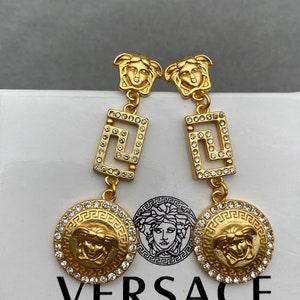 Vintage Versace Gold Rhinestones Drop Earrings