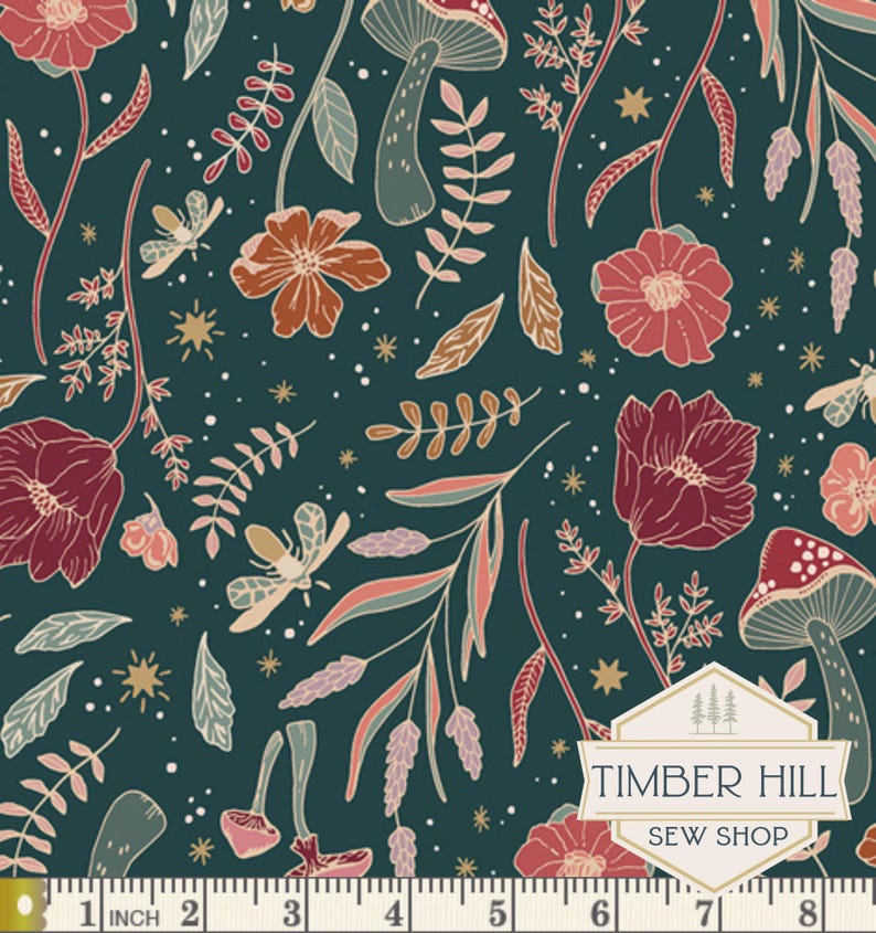 May include: Dark teal fabric with a floral and mushroom pattern. The design features red, orange, and pink flowers, green and gray mushrooms, and sprigs of leaves. The text "TIMBER HILL SEW SHOP" is in a white banner.