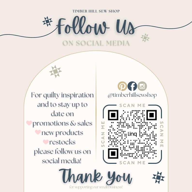 May include: A cream-colored graphic with the text "Follow Us" and "On Social Media." It encourages viewers to follow for inspiration, promotions, new products, and restocks. Includes a QR code and social media icons for Pinterest, Facebook, and Instagram.