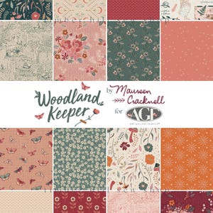 May include: A collection of fabric swatches with various patterns. Designs include floral, butterfly, and geometric motifs in shades of green, pink, and orange. The words "Woodland Keeper" and "by Maureen Cracknell" are also visible.