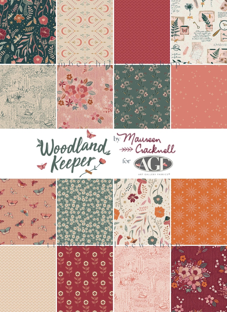 May include: A collection of fabric swatches with various patterns. Designs include floral, butterfly, and geometric motifs in shades of green, pink, and orange. The words "Woodland Keeper" and "by Maureen Cracknell" are also visible.