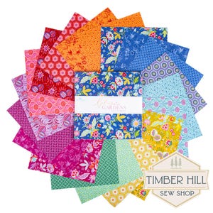 May include: A stack of square fabric swatches arranged in a circular fan pattern, featuring diverse floral and geometric prints in shades of red, pink, orange, yellow, green, and blue. A white paper band reads "Kylies Gardens" and "Timber Hill Sew Shop".