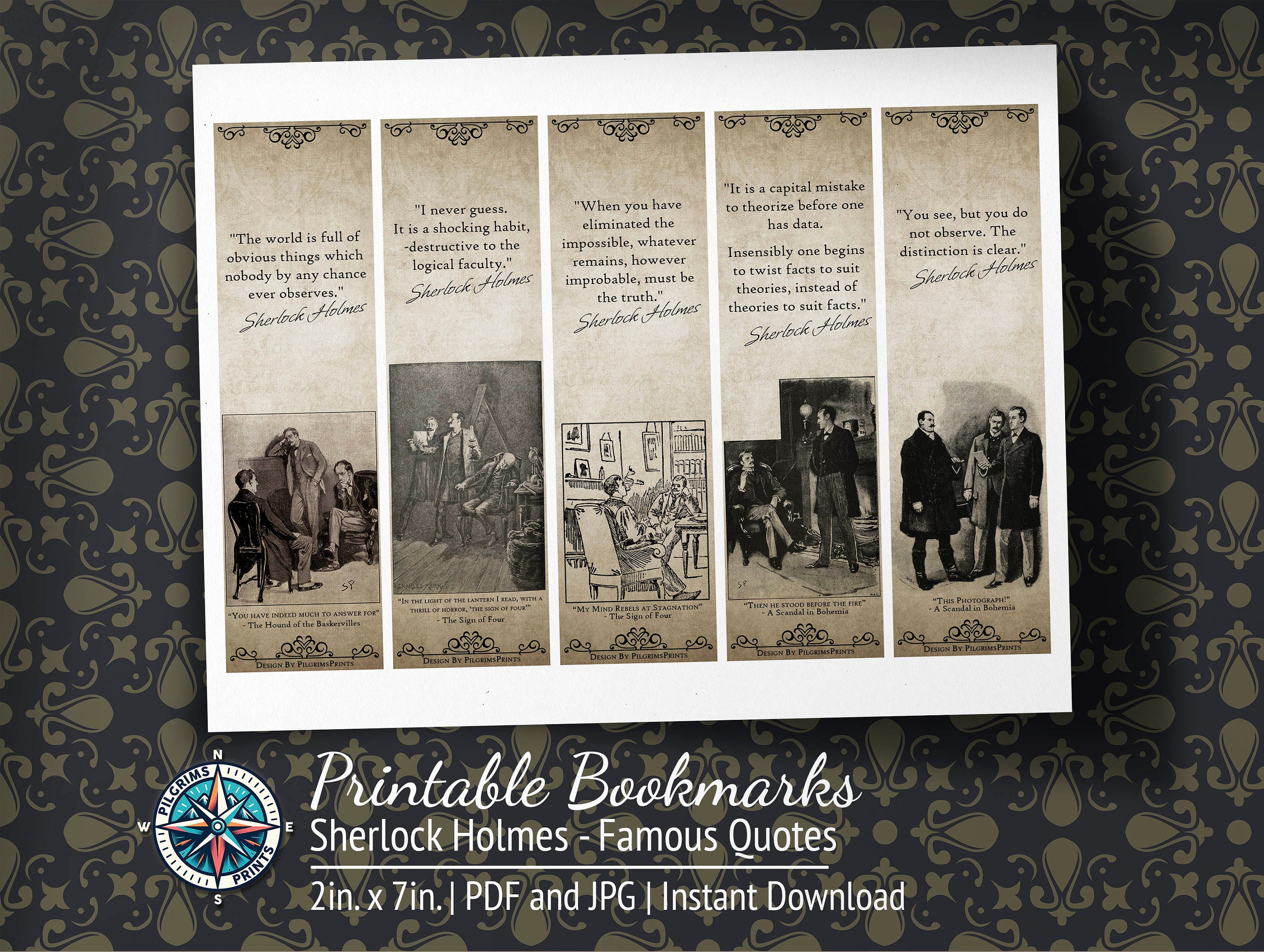Sherlock Holmes Printable Bookmarks, Size 2in X 8in, Set of 5, Sherlock ...