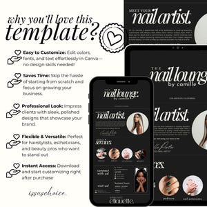 May include: A digital template for nail artists, displayed on a phone, tablet, and flyer. The design features a black and white color scheme with the text "The Nail Lounge by Camille." The template includes sections for services and contact information.