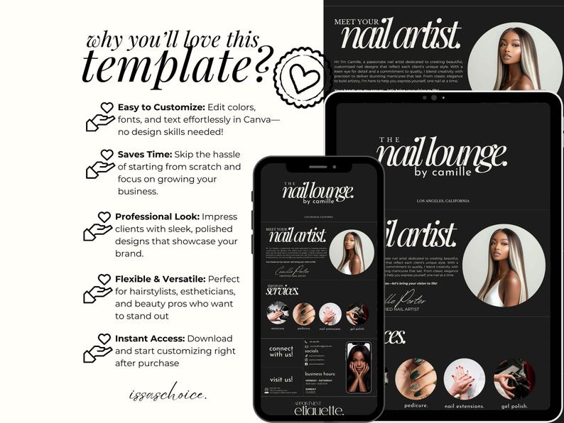 May include: A digital template for nail artists, displayed on a phone, tablet, and flyer. The design features a black and white color scheme with the text "The Nail Lounge by Camille." The template includes sections for services and contact information.