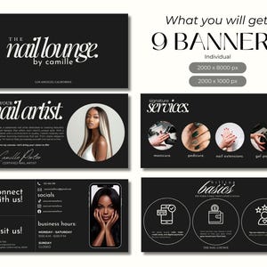 May include: A set of nine black and white banners for The Nail Lounge by Camille, featuring nail art services. The banners include information about the nail artist, contact details, and service offerings such as manicures, pedicures, and gel polish.