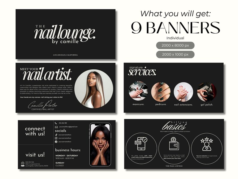 May include: A set of nine black and white banners for The Nail Lounge by Camille, featuring nail art services. The banners include information about the nail artist, contact details, and service offerings such as manicures, pedicures, and gel polish.
