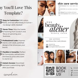 May include: A promotional flyer for "The Beauty Atelier" beauty salon, featuring images of diverse women with various hairstyles and makeup. The flyer highlights services like lash and brow treatments, hair, nails, and skincare. Text includes "Book with Us!" and contact information.
