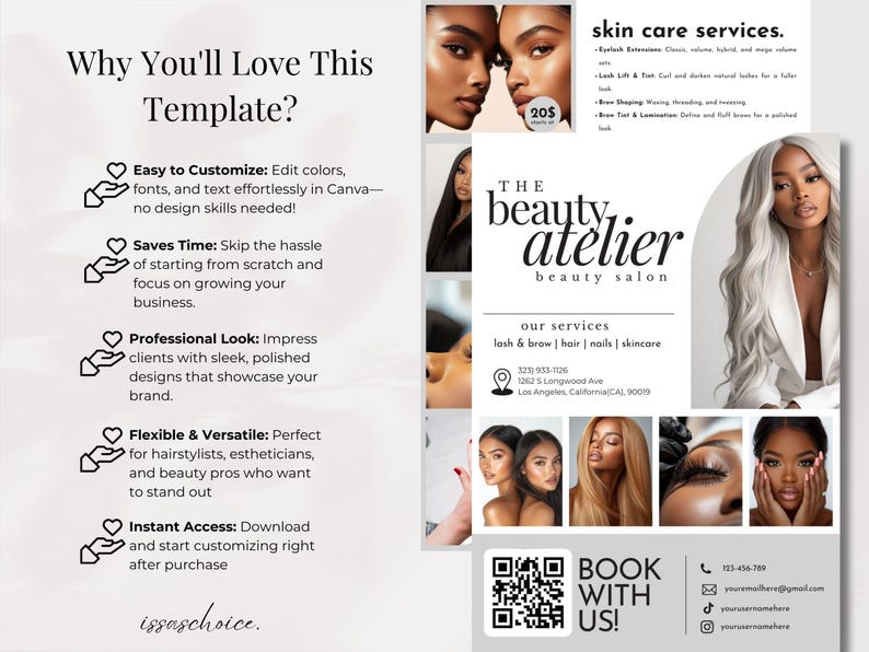 May include: A promotional flyer for "The Beauty Atelier" beauty salon, featuring images of diverse women with various hairstyles and makeup. The flyer highlights services like lash and brow treatments, hair, nails, and skincare. Text includes "Book with Us!" and contact information.
