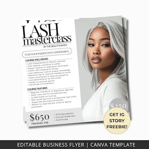 May include: A flyer advertising a lash masterclass by The Beautyhaven. The flyer details course inclusions and features, with a training fee of £515. A woman with silver hair is featured on the right. The flyer also offers a free Instagram story.