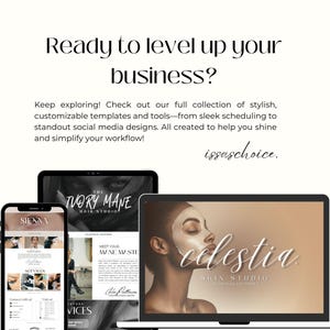 May include: Image promoting business templates and tools. Displays a phone, tablet, and laptop showcasing website designs for hair and skin studios. Text reads "Ready to level up your business?" and "issaschoice."