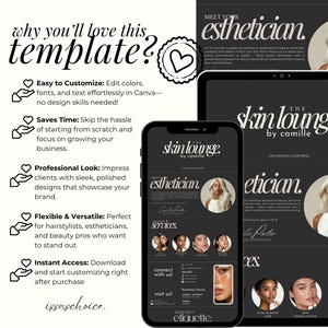 May include: A digital marketing template displayed on a tablet and smartphone, featuring the text "The Skin Lounge by Camille" and "Meet Your Esthetician." The design is dark with white text and images of women.