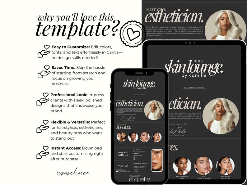 May include: A digital marketing template displayed on a tablet and smartphone, featuring the text "The Skin Lounge by Camille" and "Meet Your Esthetician." The design is dark with white text and images of women.