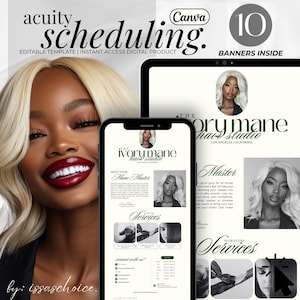 May include: A digital product template for scheduling appointments. The template features a white background with black text and a green accent color. The text includes the words "The Ivory Mane Hair Studio" and "Master".