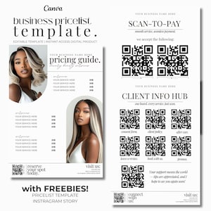 May include: A white business pricelist template with the text "business pricelist template" and "pricing guide". The template includes QR codes, the text "SCAN-TO-PAY", and images of women with long hair. The template is an instant access digital product.