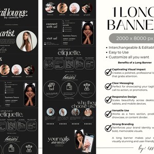 May include: A black and white vertical banner ad for "The Nail Lounge" featuring a nail artist, services, and contact information. The banner includes images of manicured nails and a woman's face.