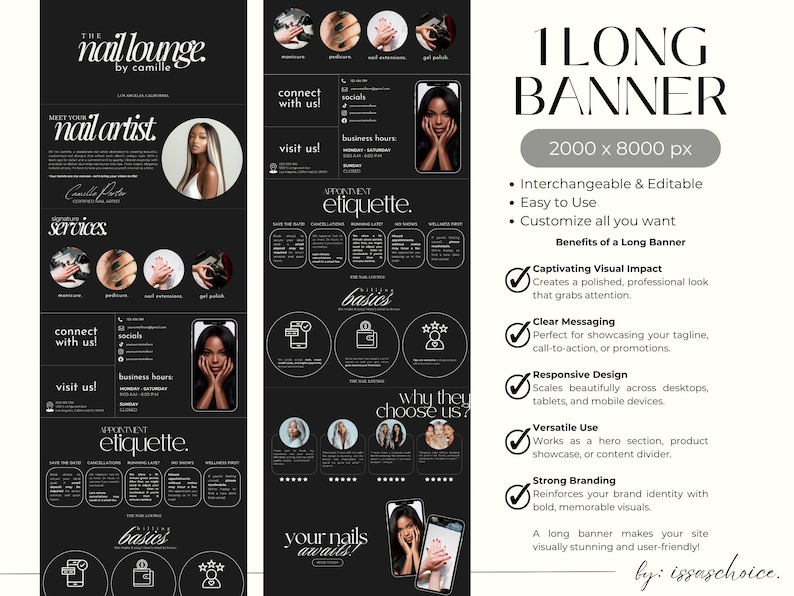 May include: A black and white vertical banner ad for "The Nail Lounge" featuring a nail artist, services, and contact information. The banner includes images of manicured nails and a woman's face.