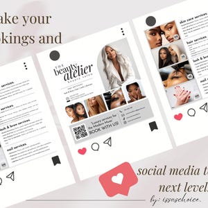 May include: Social media mockups for a beauty salon, featuring skin care, hair, lash, brow, and nail services. The design includes images, text, and social media icons. Text includes "The Beauty Atelier" and "Luxury services for the Modern Muse. Book with us!"