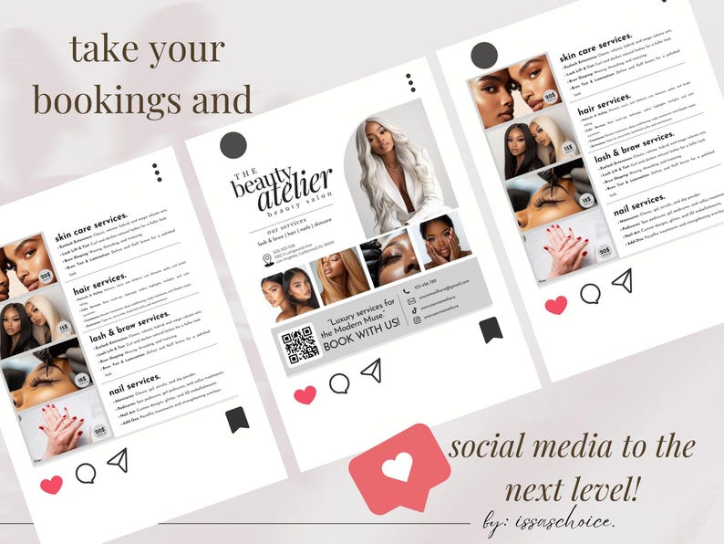 May include: Social media mockups for a beauty salon, featuring skin care, hair, lash, brow, and nail services. The design includes images, text, and social media icons. Text includes "The Beauty Atelier" and "Luxury services for the Modern Muse. Book with us!"