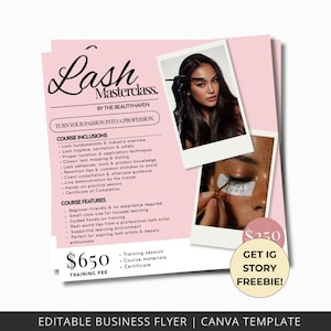 Op de afbeelding: Roze flyer voor een Lash Masterclass van The Beautyhaven. Bevat cursusinhoud en -kenmerken, met afbeeldingen van een vrouw die wimpers aanbrengt. De flyer bevat ook de tekst "Get IG Story Freebie!" en de trainingskosten van $650.