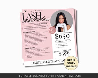 May include: Pink flyer for a lash masterclass by The Beautyhaven. Includes a photo of a woman, course inclusions, and features. The regular training fee is $650, with an early bird promo of $599. Limited slots available.