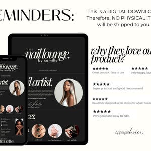 May include: A digital download advertisement for "The Nail Lounge by Camille" displayed on a smartphone and tablet. The design features a black and white aesthetic with images of nail art and a portrait of a nail artist.