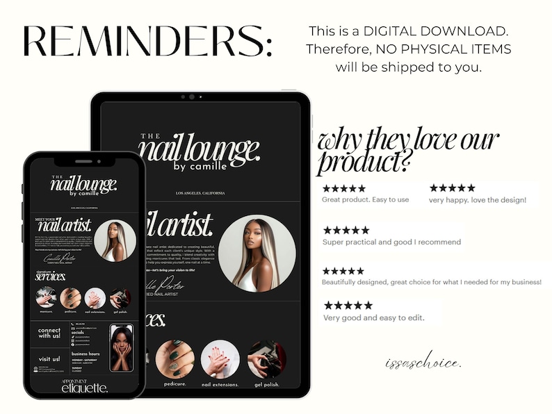 May include: A digital download advertisement for "The Nail Lounge by Camille" displayed on a smartphone and tablet. The design features a black and white aesthetic with images of nail art and a portrait of a nail artist.