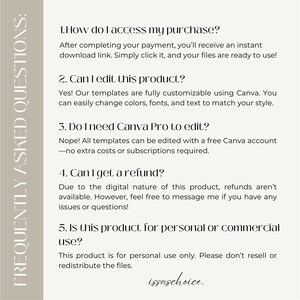 May include: A digital product information sheet with the heading "FREQUENTLY ASKED QUESTIONS:" in a vertical beige bar on the left. The sheet answers questions about accessing, editing, and using the product, including refund and commercial use policies.
