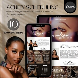May include: A digital product mockup for scheduling appointments. The image shows a phone screen with a beauty artist's website, featuring a photo of a woman's eye with makeup, the text "Serafina Artistry", and the words "Meet Your Beauty Artisan". The phone is on a laptop screen, which also shows the website. The laptop is on a table with a woman holding a makeup product. The text "Acuity Scheduling" is at the top of the image, and the text "10 Banners Inside" is below the phone screen.