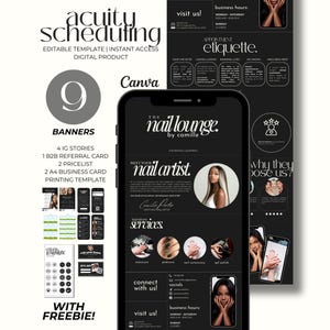 May include: Digital template for a nail salon, featuring a black and white design. Includes 9 banners, Instagram stories, a referral card, pricelist, business card, and a freebie. The template is editable and accessible via Canva.