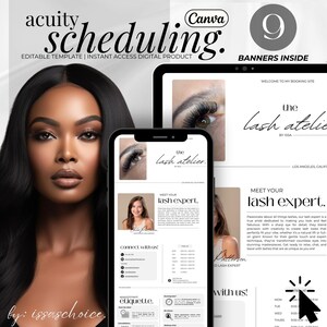 May include: A digital product mockup showing a phone and tablet screen displaying a website for a lash salon called "the lash atelier". The website features a black and white design with text that says "Meet your lash expert" and "Connect with us". The phone and tablet are on a white background.