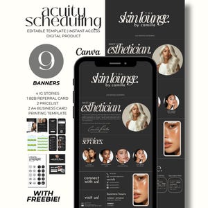 May include: A digital product template for a beauty business, featuring a smartphone mockup displaying a website design. The design includes the text "The Skin Lounge by Camille" and "Meet Your Esthetician". Additional elements include banners and social media templates.