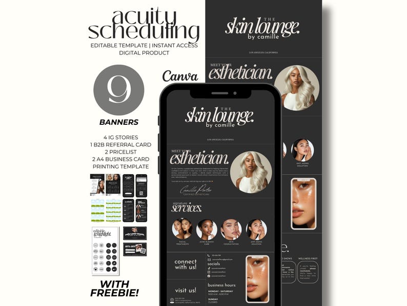 May include: A digital product template for a beauty business, featuring a smartphone mockup displaying a website design. The design includes the text "The Skin Lounge by Camille" and "Meet Your Esthetician". Additional elements include banners and social media templates.