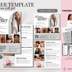 May include: A flyer template for a beauty salon, featuring a woman with long, wavy, silver hair. The flyer includes service details, a pricelist, and Instagram story templates. The text includes "The Beauty Atelier" and "Book with Us!"