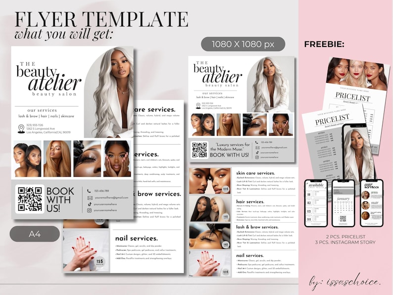 May include: A flyer template for a beauty salon, featuring a woman with long, wavy, silver hair. The flyer includes service details, a pricelist, and Instagram story templates. The text includes "The Beauty Atelier" and "Book with Us!"