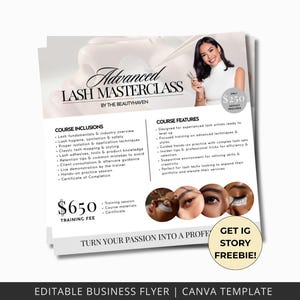 Puede incluir: Folleto publicitario de una Masterclass Avanzada de Pestañas de The Beautyhaven. El folleto detalla las inclusiones y características del curso, con una tarifa de formación de 650 $. La imagen muestra a una mujer sosteniendo herramientas de pestañas.